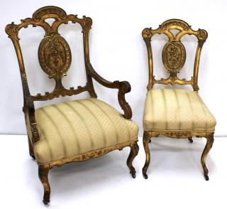 Appraisal: Antique French Giltwood Chairs Being an arm- and a side-chair