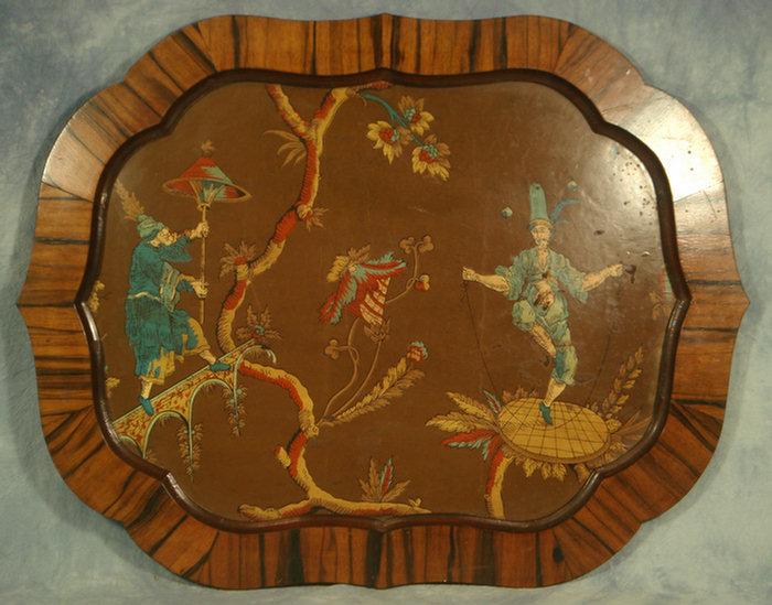 Appraisal: Brown lacquer decorated tray with circassian walnut border depicting performers