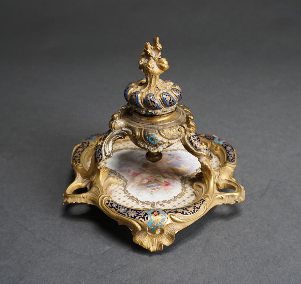 Appraisal: FRENCH ENAMEL DECORATED ORMOLU AND PORCELAIN INKWELL H IN CM