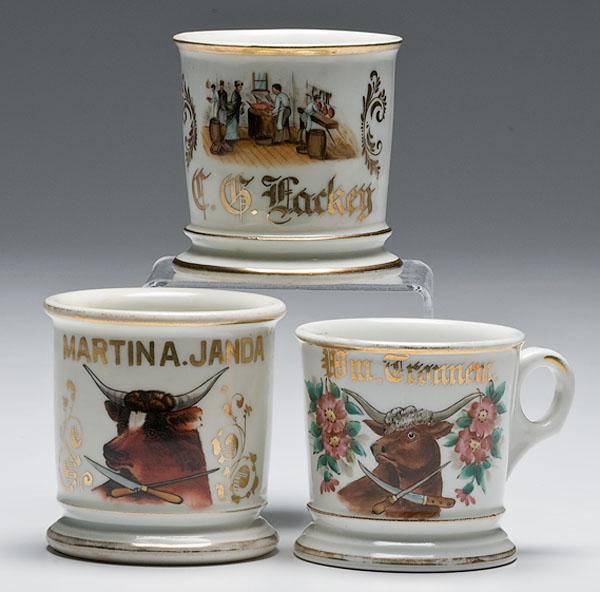 Appraisal: THREE BUTCHER'S OCCUPATIONAL SHAVING MUGS porcelain butcher's occupational shaving mugs