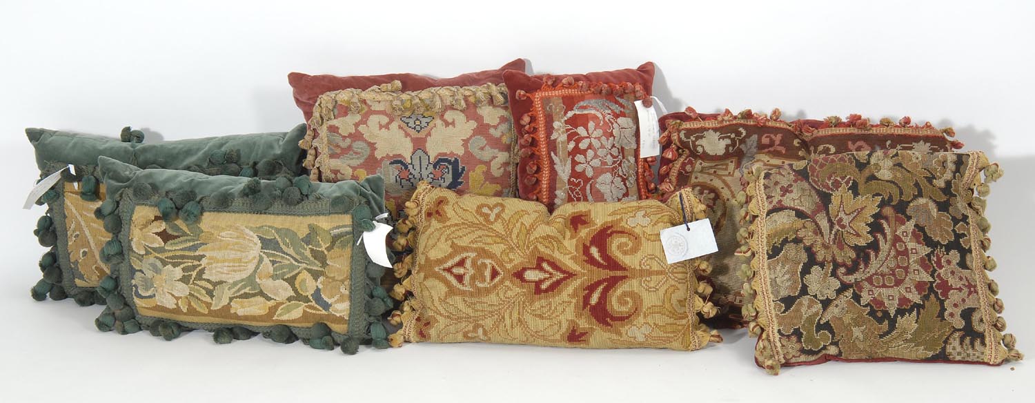 Appraisal: SEVEN DESIGNER PILLOWS made mostly of needlework tapestries ConditionGood