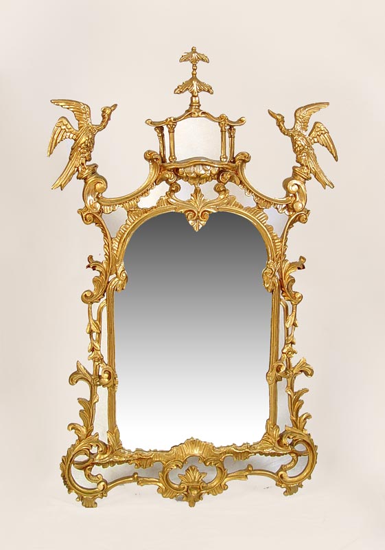 Appraisal: CHINESE CHIPPENDALE STYLE GILTWOOD MIRROR Surrounded by pagoda flanked by