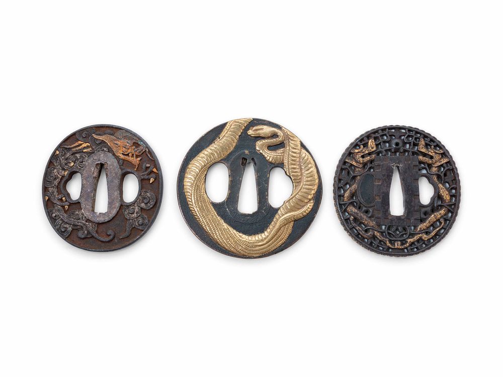 Appraisal: Three Iron Tsuba Three Iron Tsuba each of rounded form