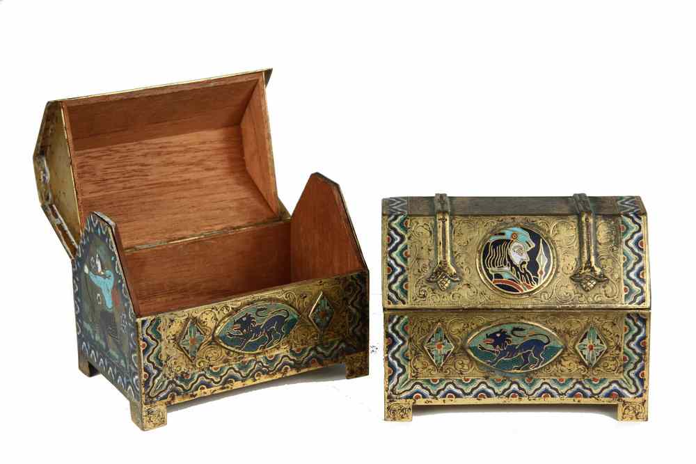 Appraisal: BOXES - Pair of gothic style gilded bronze and champleve