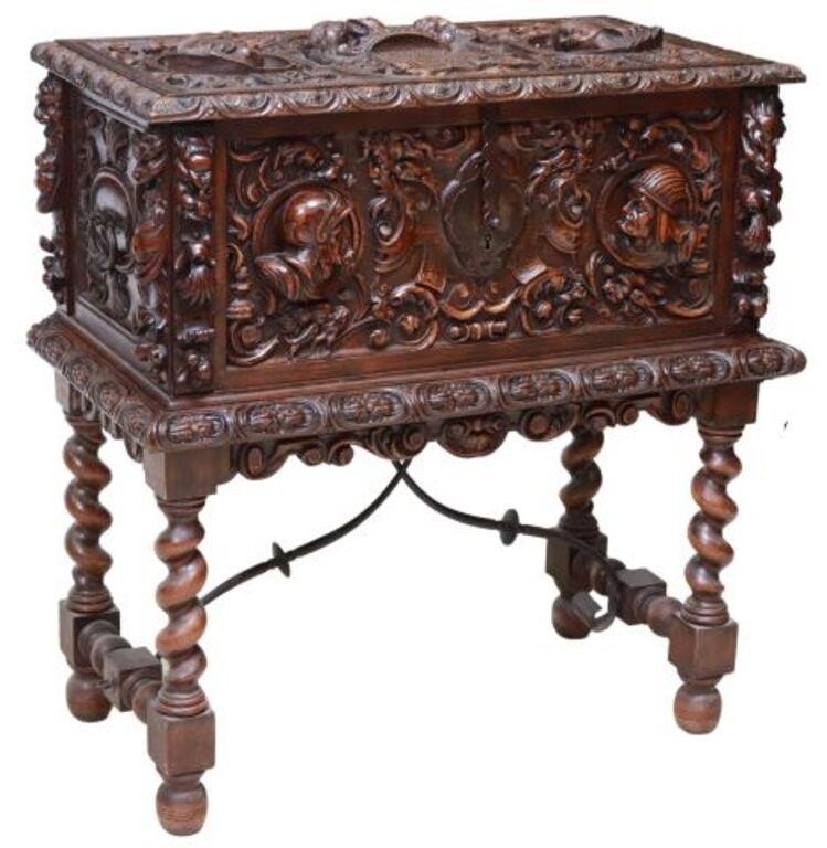 Appraisal: Spanish Renaissance Revival carved trunk on stand early th c