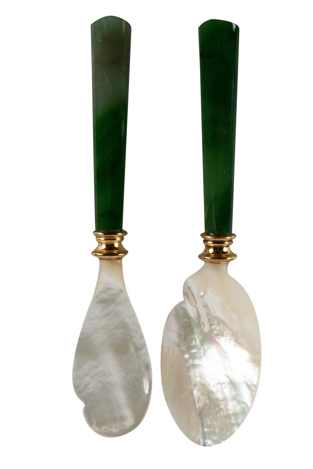 Appraisal: FABERGE CAVIAR SET WITH CASEgreen stone mother-of-pearl and gilt silver