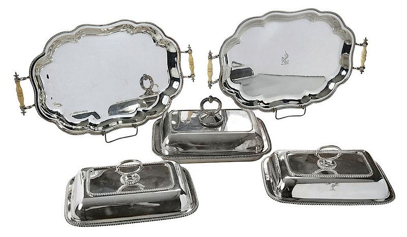 Appraisal: Five Silver-Plated Table Items including pair of entree servers gadroon