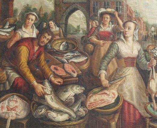 Appraisal: FISH MARKET PAINTING AFTER BUECKLAER OIL Canvas '' x ''