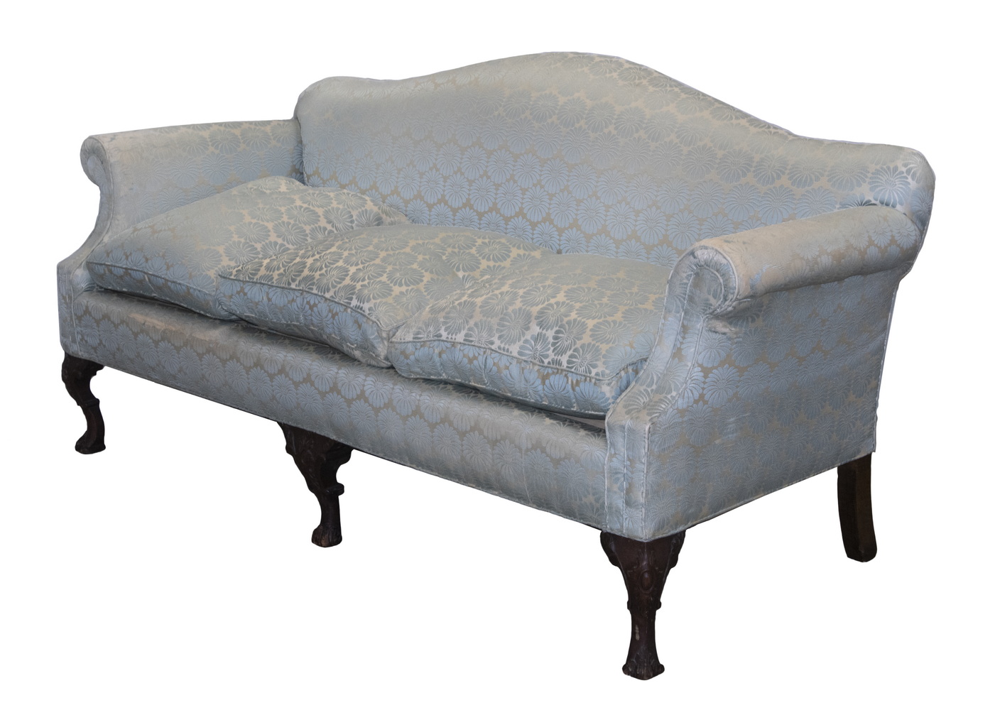 Appraisal: CHIPPENDALE STYLE SOFA Camel Back Sofa with blue and white