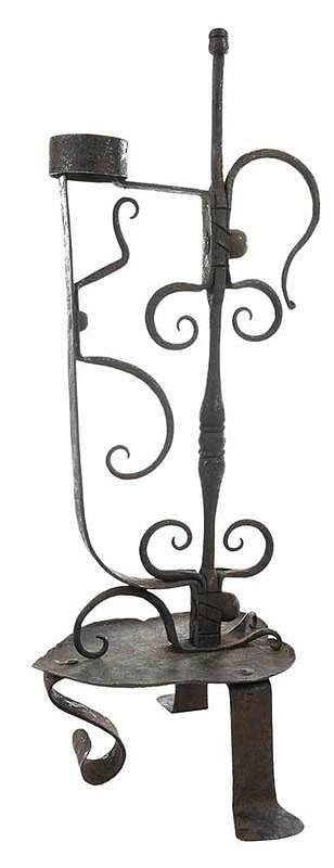 Appraisal: Early Wrought Iron Rush Light Holder Continental early th century