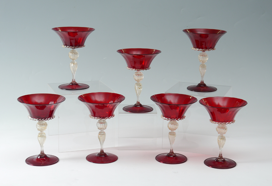 Appraisal: PIECE VENETIAN GLASS STEMWARE Ruby red tops and feet with