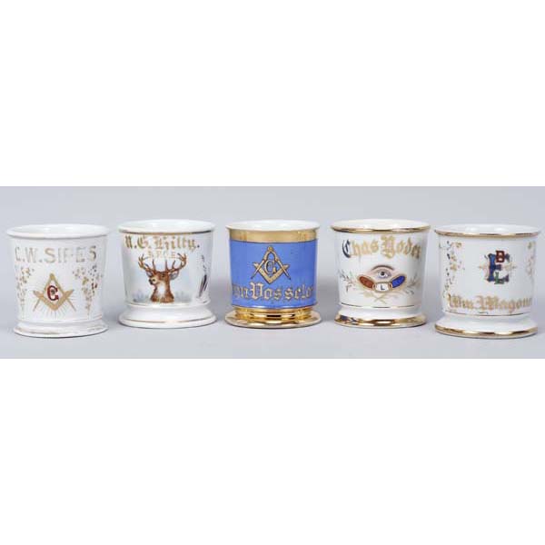 Appraisal: Five Fraternal shaving mugs Odd Fellows BPOE Free Masons Brotherhood