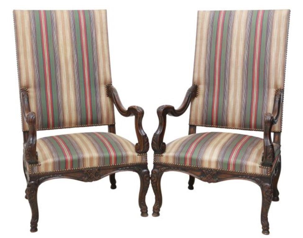 Appraisal: pair Louis XV style highback armchairs early th c striped