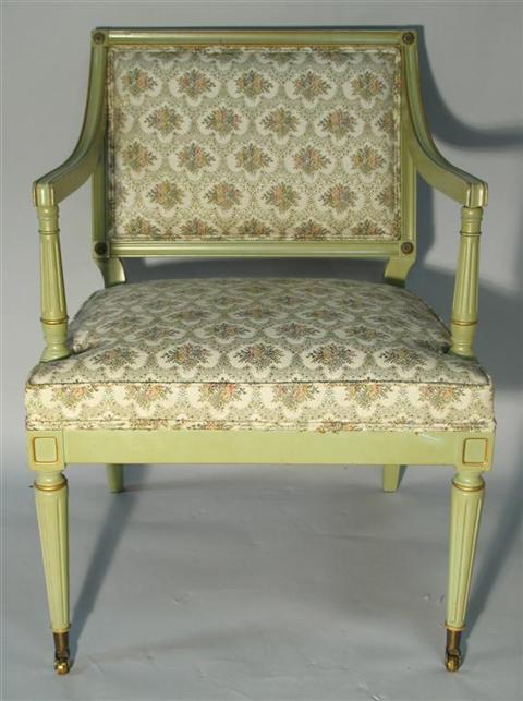 Appraisal: REGENCY STYLE GREEN PAINTED ARMCHAIR th century the rectangular back