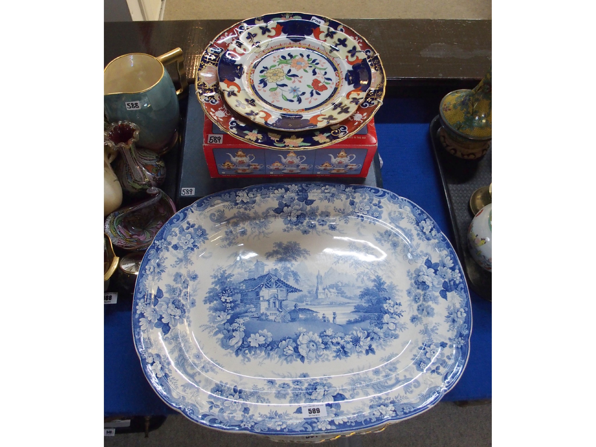 Appraisal: Opaque china blue and white platter in 'Genevese' pattern two