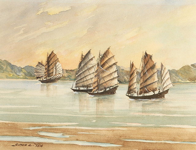 Appraisal: SIMON CHONG YEW - Junks in full sail signed watercolour