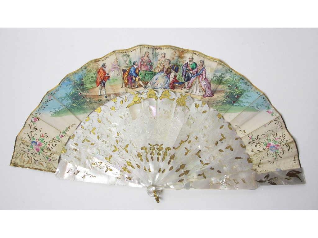 Appraisal: A painted fan decorated with a royal garden party with