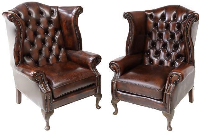 Appraisal: pair English Queen Anne style leather wingback armchairs late th