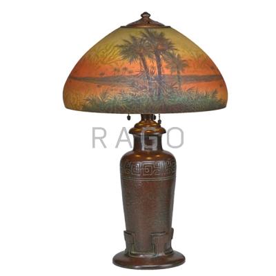 Appraisal: HANDEL Table lamp its chipped-glass shade obverse and reverse painted