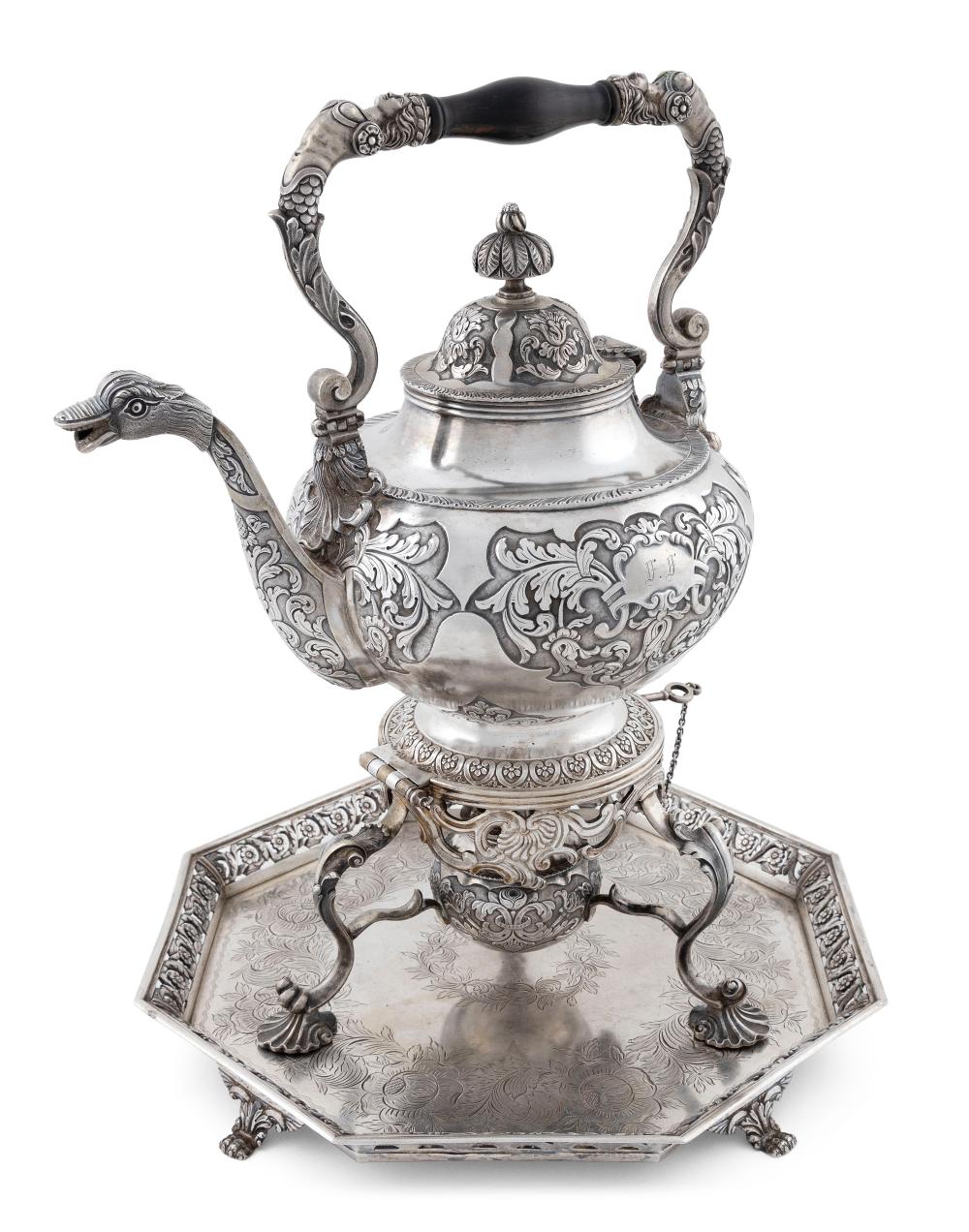 Appraisal: ORNATE PORTUGUESE SILVER SAMOVAR AND SALVER TRAY TH CENTURY APPROX