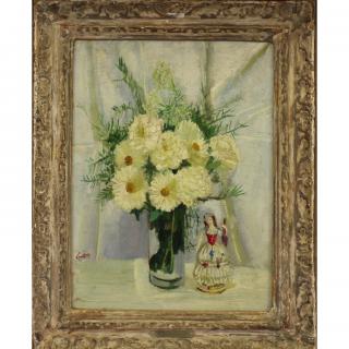 Appraisal: Edward Lintott - White Asters and Figurine Oil Board Sight