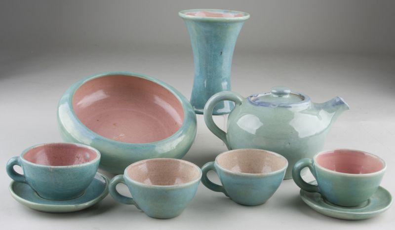 Appraisal: Pisgah Forest Assembled Pottery Set eucalyptus glaze a teapot cups