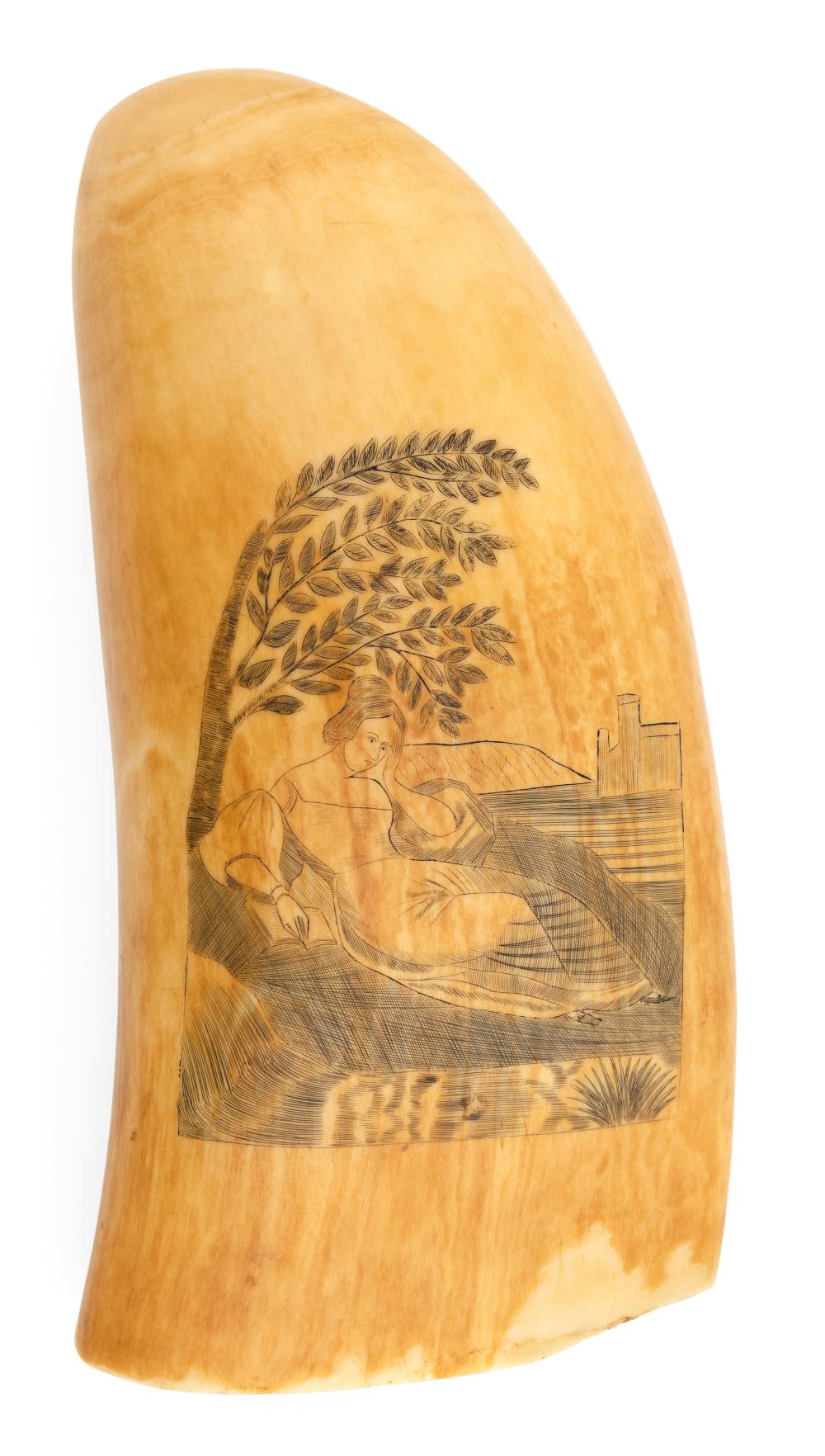 Appraisal: SCRIMSHAW WHALE'S TOOTH WITH RICH PATINA MID- TH CENTURY LENGTH