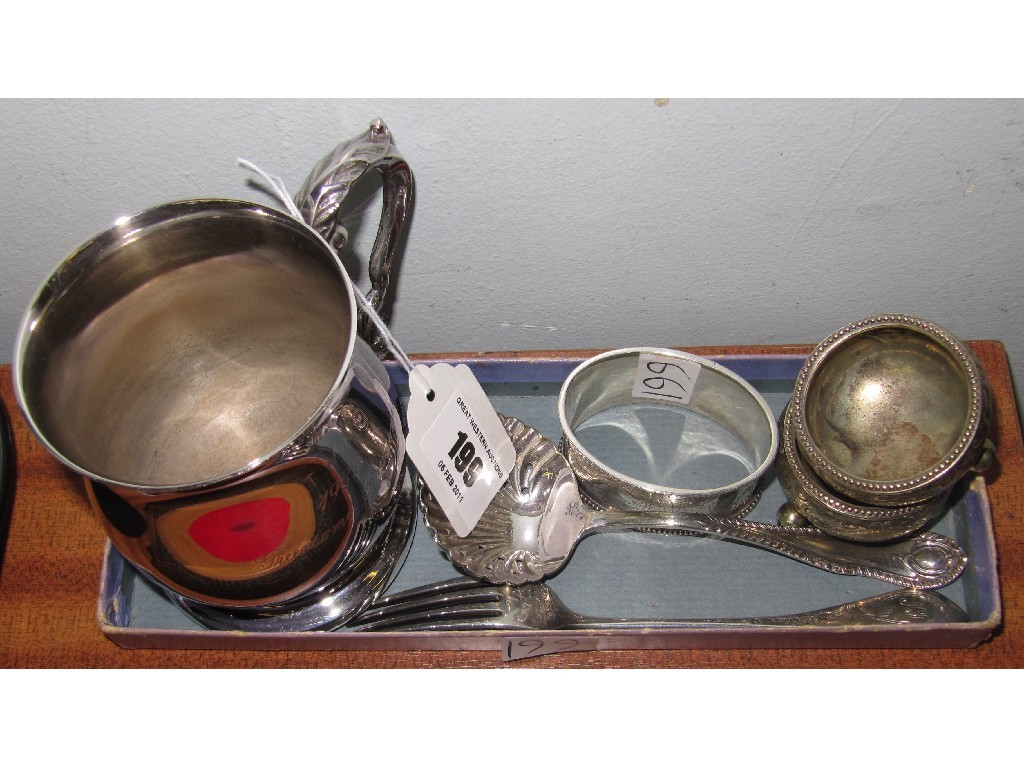 Appraisal: Lot comprising EP tankard salts sifter spoon and silver napkin