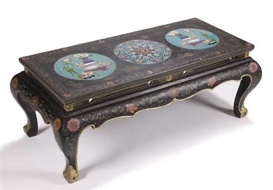 Appraisal: CLOISONNE COFFEE TABLE Probably China th century softwood Carved and