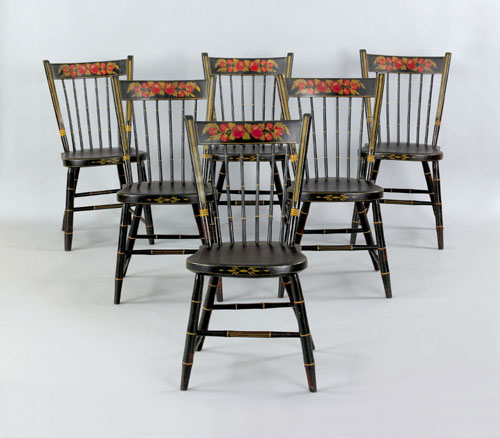 Appraisal: Pristine set of six Pennsylvania painted plank seat chairs mid