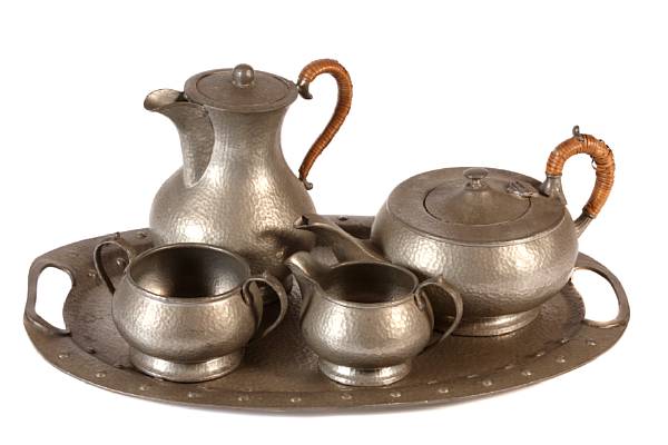 Appraisal: An English Arts amp Crafts pewter five-piece tea service comprising