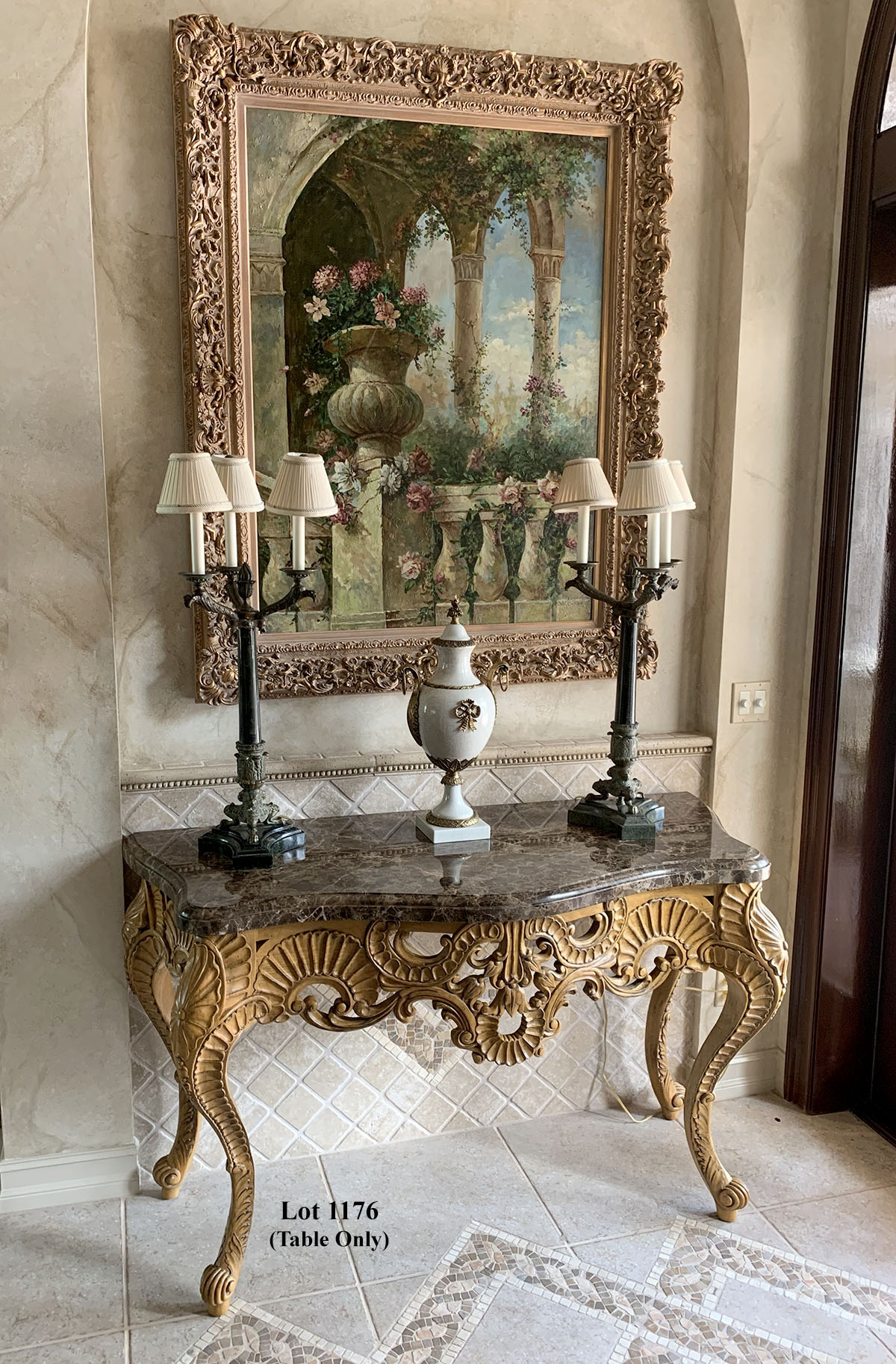 Appraisal: CARVED MARBLE TOP FOYER TABLE Carved foyer table having a