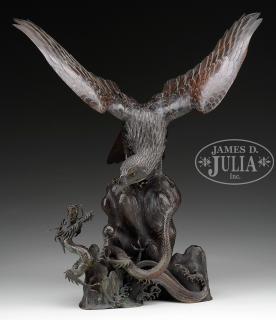 Appraisal: BRONZE SCULPTURE OF EAGLE WITH DRAGON Meiji Period Japan The