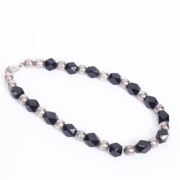 Appraisal: Taxco Mexico Sterling Silver and faceted Black Onyx beaded necklace