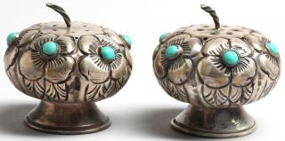 Appraisal: Pair of Taxco Silver Turquoise Salt Peppers Vintage the globular