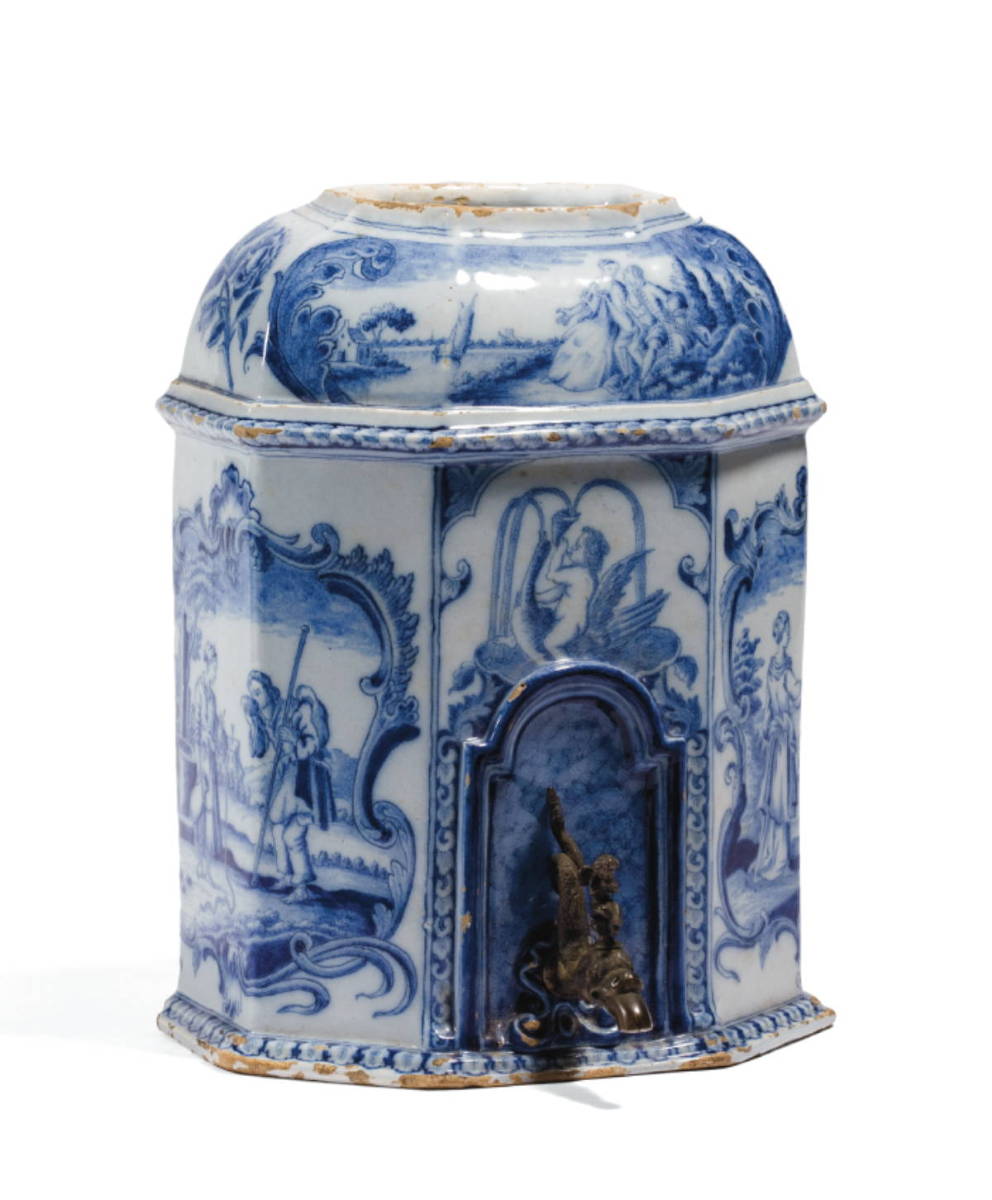 Appraisal: DUTCH DELFT BLUE AND WHITE CISTERN FITTED WITH A BRASS