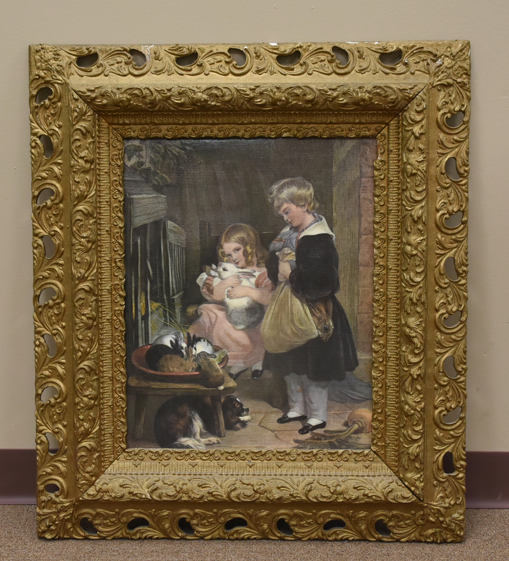 Appraisal: FRAMED OIL PAINTING W TWO GIRLS A RABBIT An oil