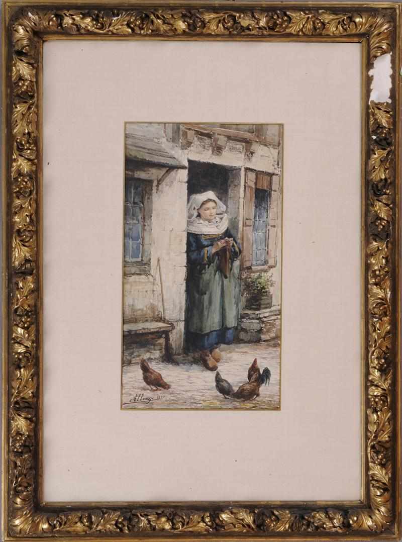 Appraisal: AUGUSTE ALLONG - GIRL FEEDING CHICKENS Watercolor on paper signed