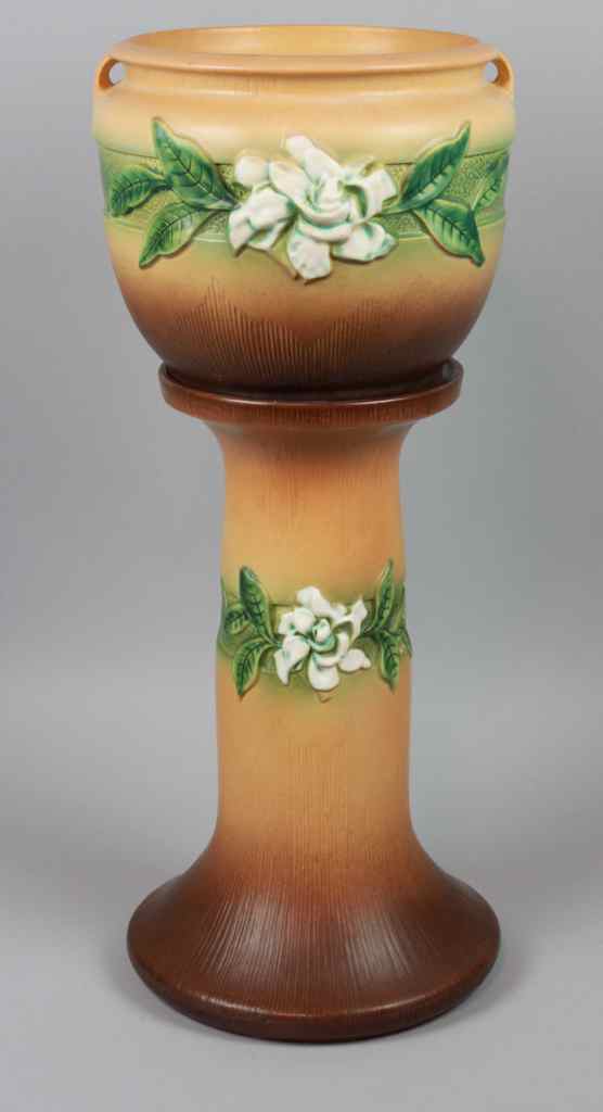 Appraisal: ROSEVILLE POTTERY BROWN GARDENIA PATTERN PLANTER WITH PEDESTAL round with