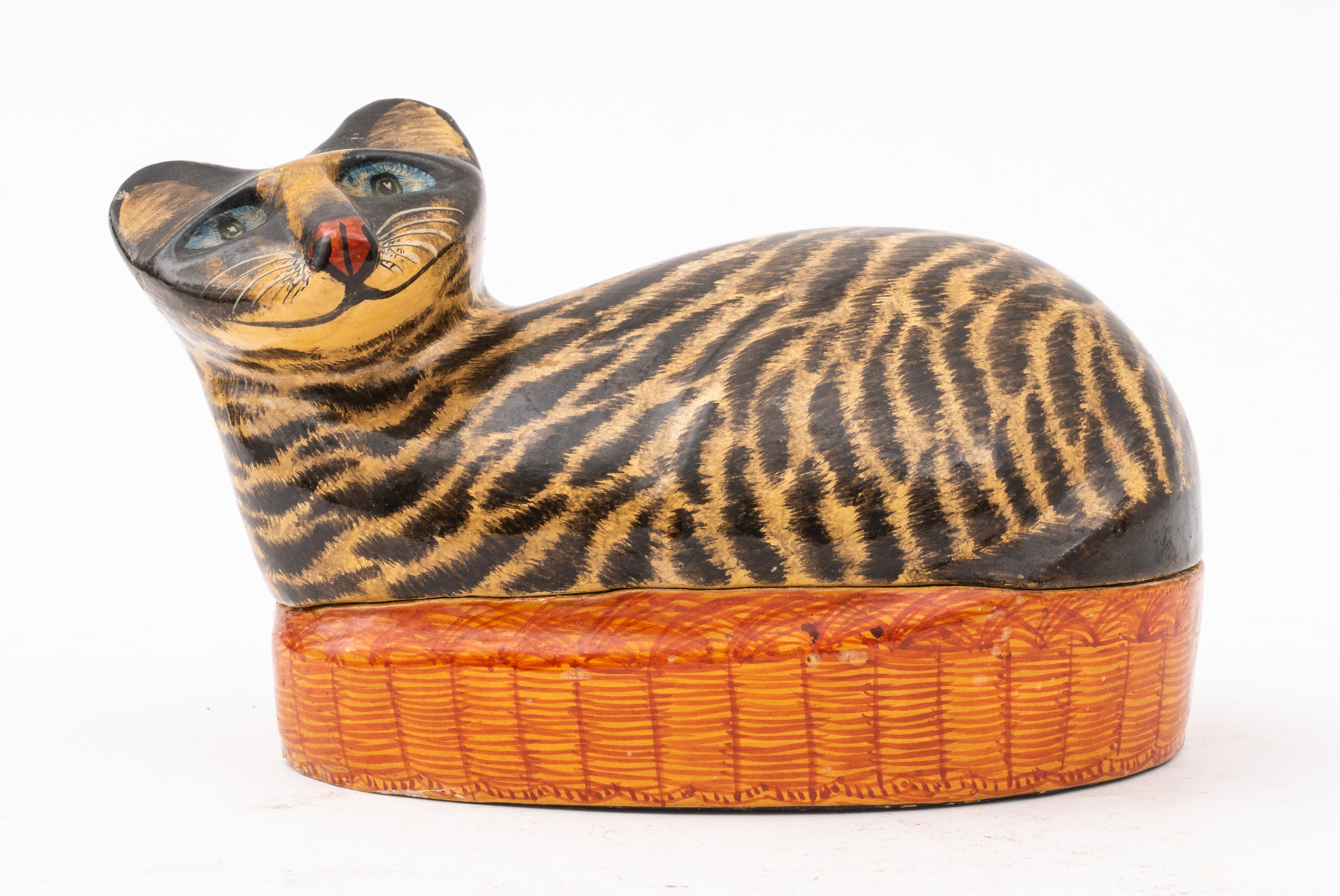 Appraisal: CAT IN A BASKET PAPER MACHE DECORATIVE BOX Cat in