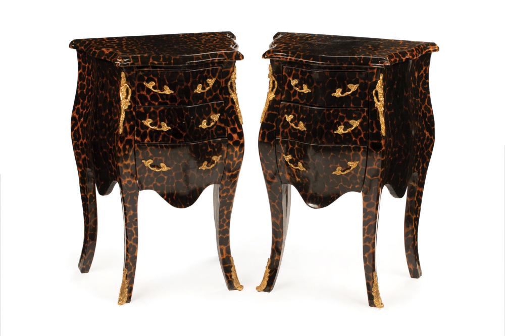 Appraisal: Pair of French Louis XV-Style Bronze-Mounted Bombe Bedside Commodes shaped