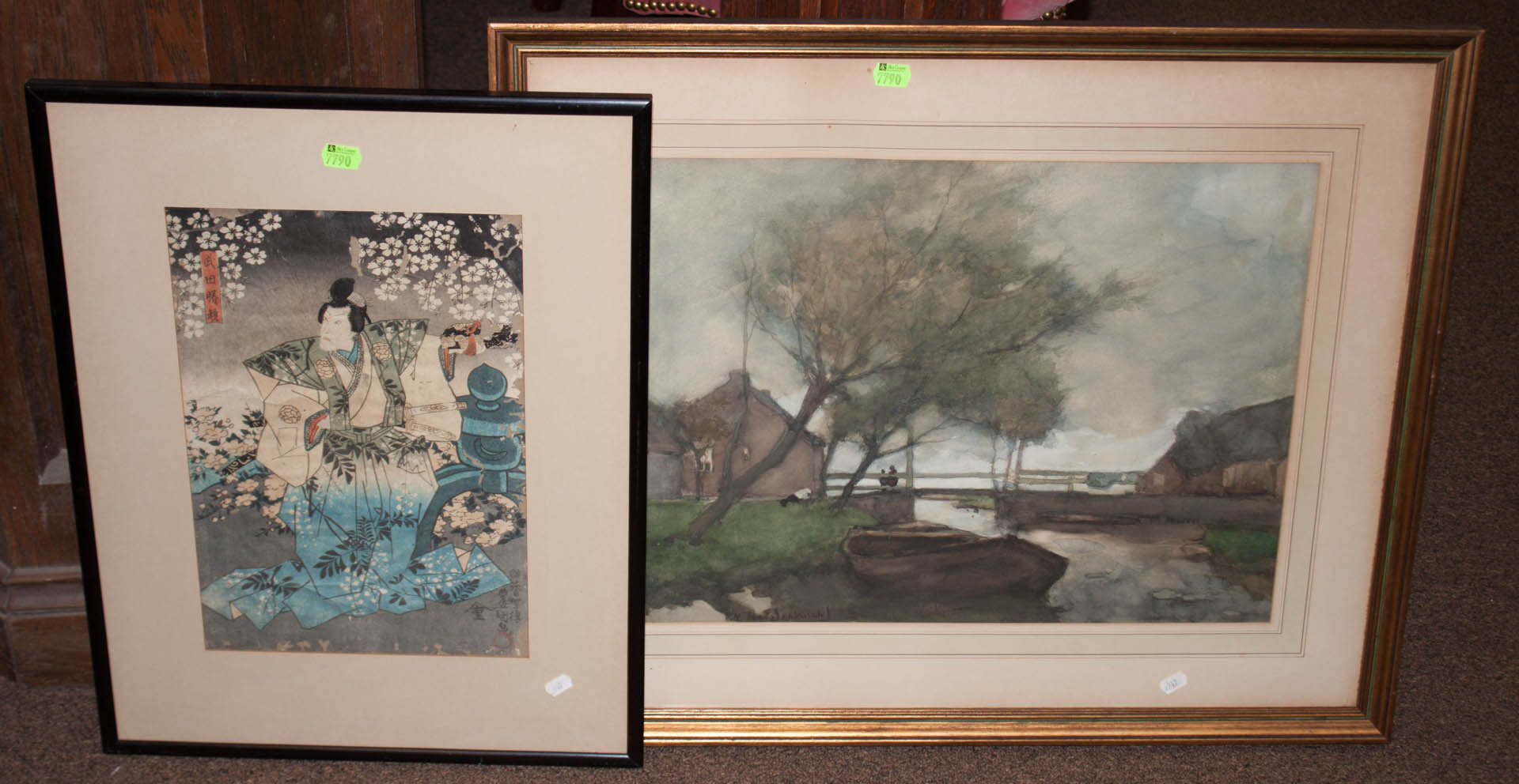 Appraisal: Two framed artworks including Japanese woodblock and a River scene