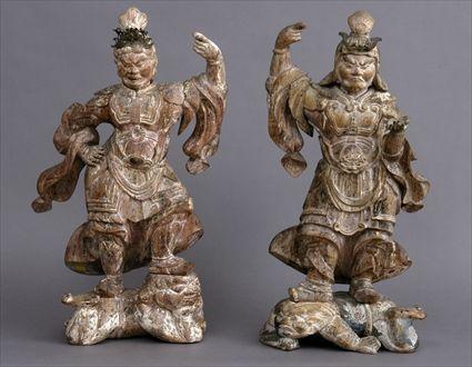 Appraisal: PAIR OF JAPANESE CARVED AND POLYCHROME FIGURES Each with tin