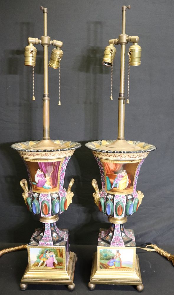 Appraisal: Pair Of Old Paris Porcelain Portrait Urns As Lamps From