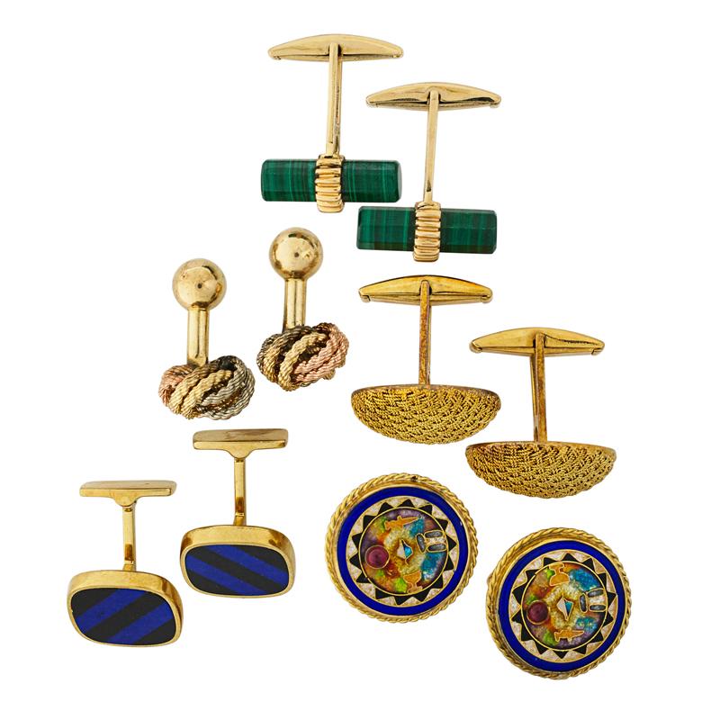 Appraisal: FIVE PAIRS OF GOLD CUFFLINKS Four pairs with hinged backs