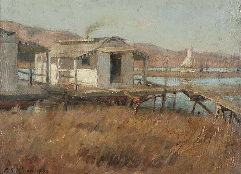 Appraisal: Fishing shacks and sailboat Southern California oil on canvasboard ''