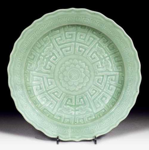 Appraisal: HEAVY CELADON PLATE China th century D cm Below the