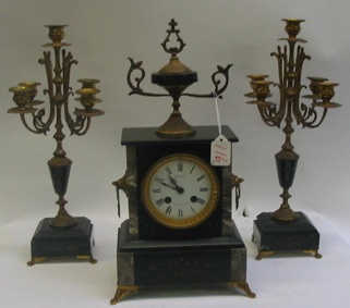 Appraisal: FRENCH THREE PIECE MARBLE CLOCK SET The center clock having