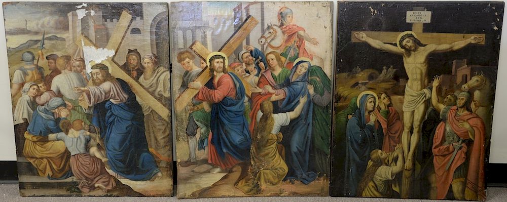 Appraisal: Set of three large religious oil on canvas mounted on