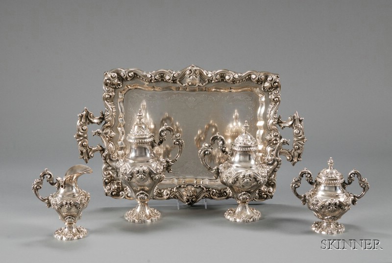 Appraisal: Five-Piece Portuguese Baroque-style Silver Tea and Coffee Service Oporto mid-